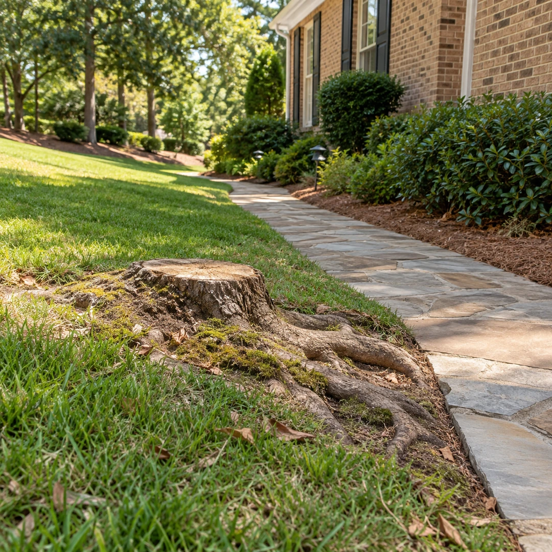 Weathered stump and exposed roots beside a narrow garden walkway