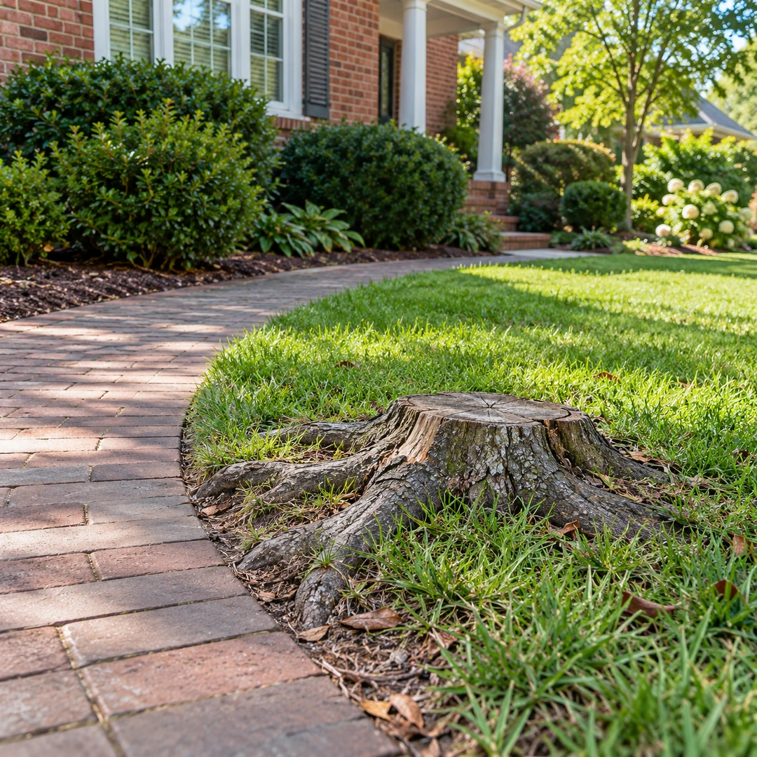 Low stump and roots beside a curved brick walkway creating a trip hazard
