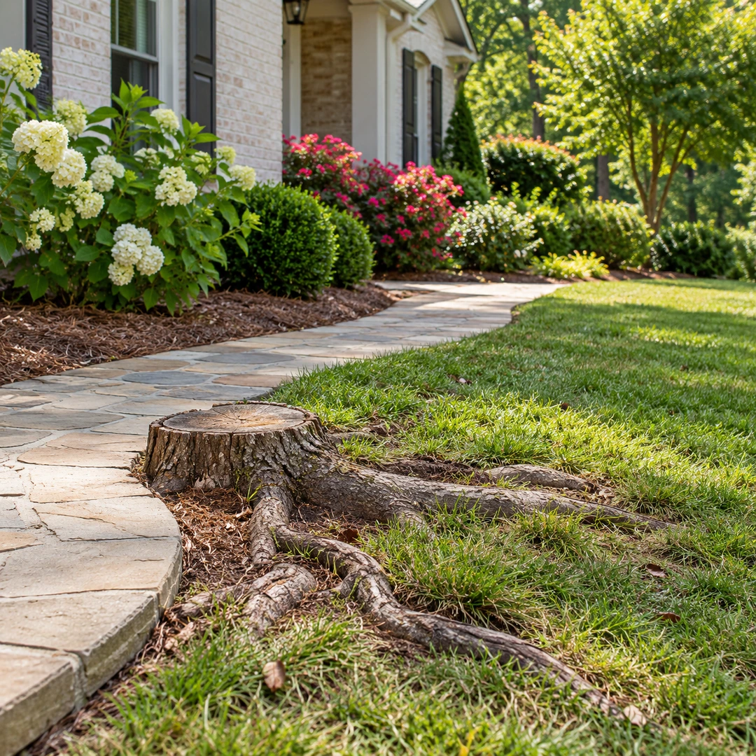 Cut stump and raised roots extending toward a residential stone path