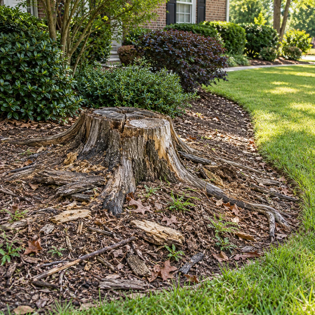 Decayed stump and surface roots remaining within a mulched garden bed