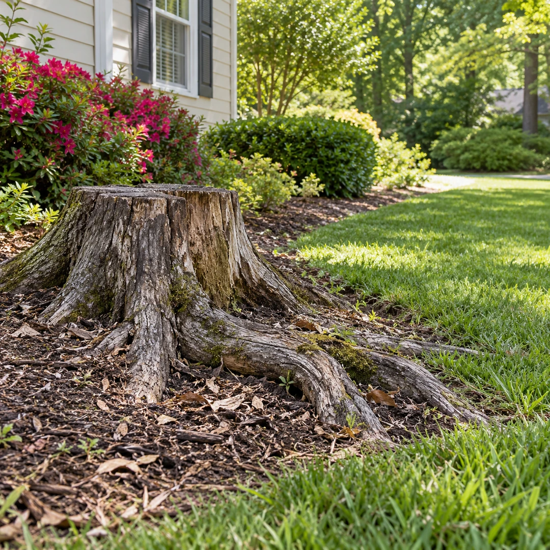 Old weathered stump with exposed roots beside a landscaped residential lawn