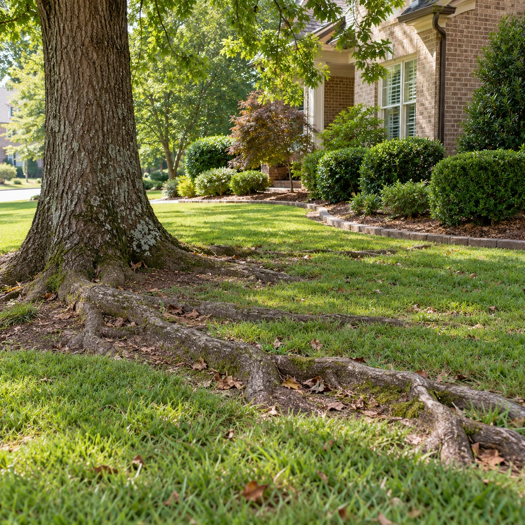 Large surface roots spreading across the lawn from a healthy mature tree