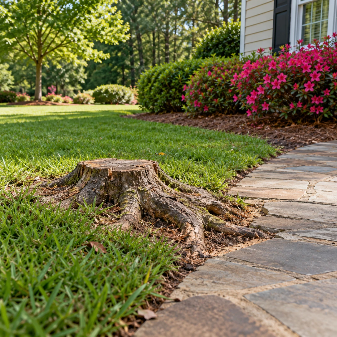 Small stump at the edge of a paved path where foot traffic passes