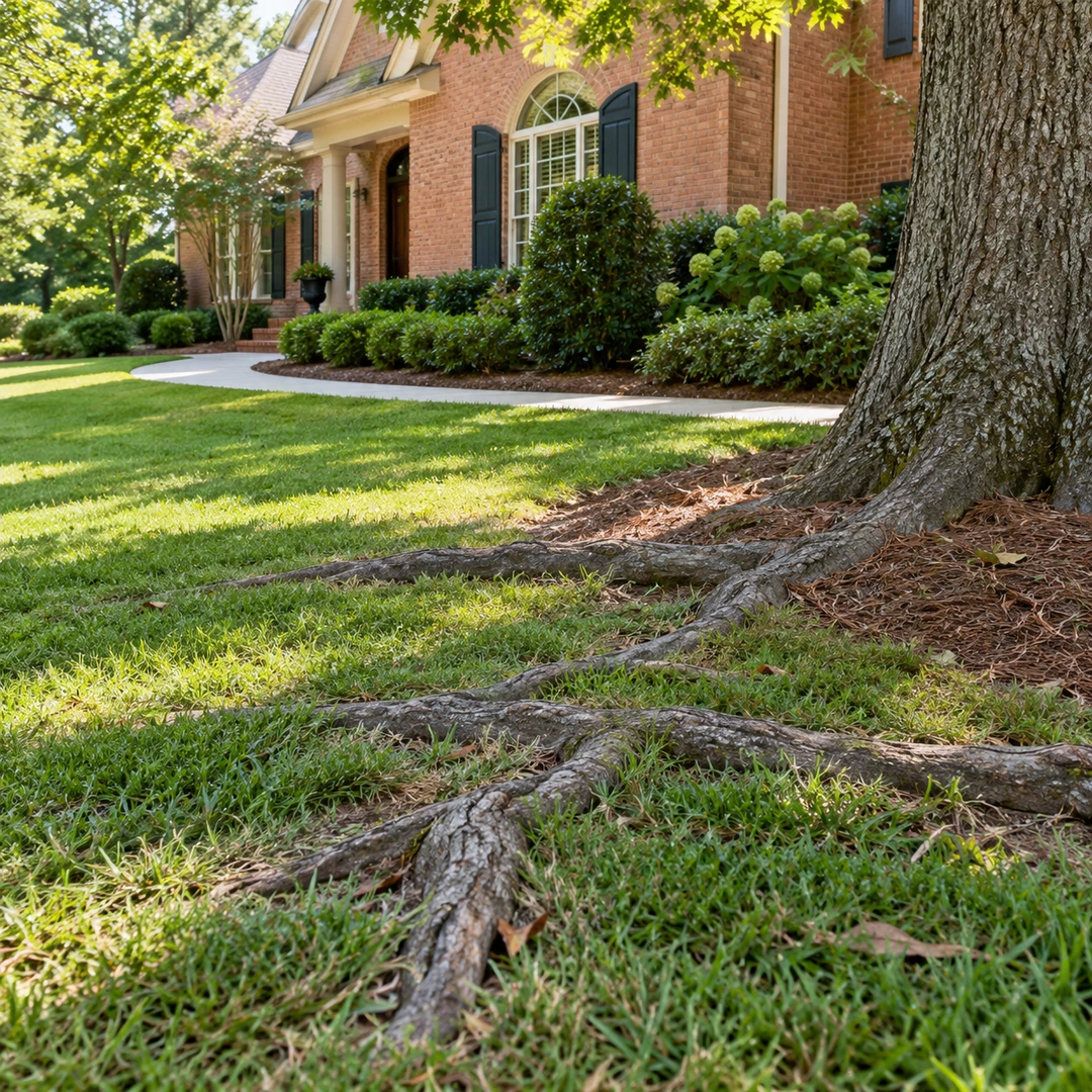 Broad surface roots extending from a retained tree toward open lawn