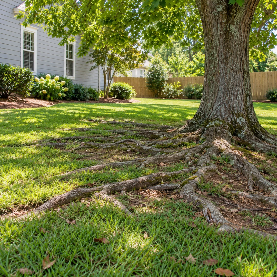 Exposed roots surrounding a mature shade tree in a landscaped front yard