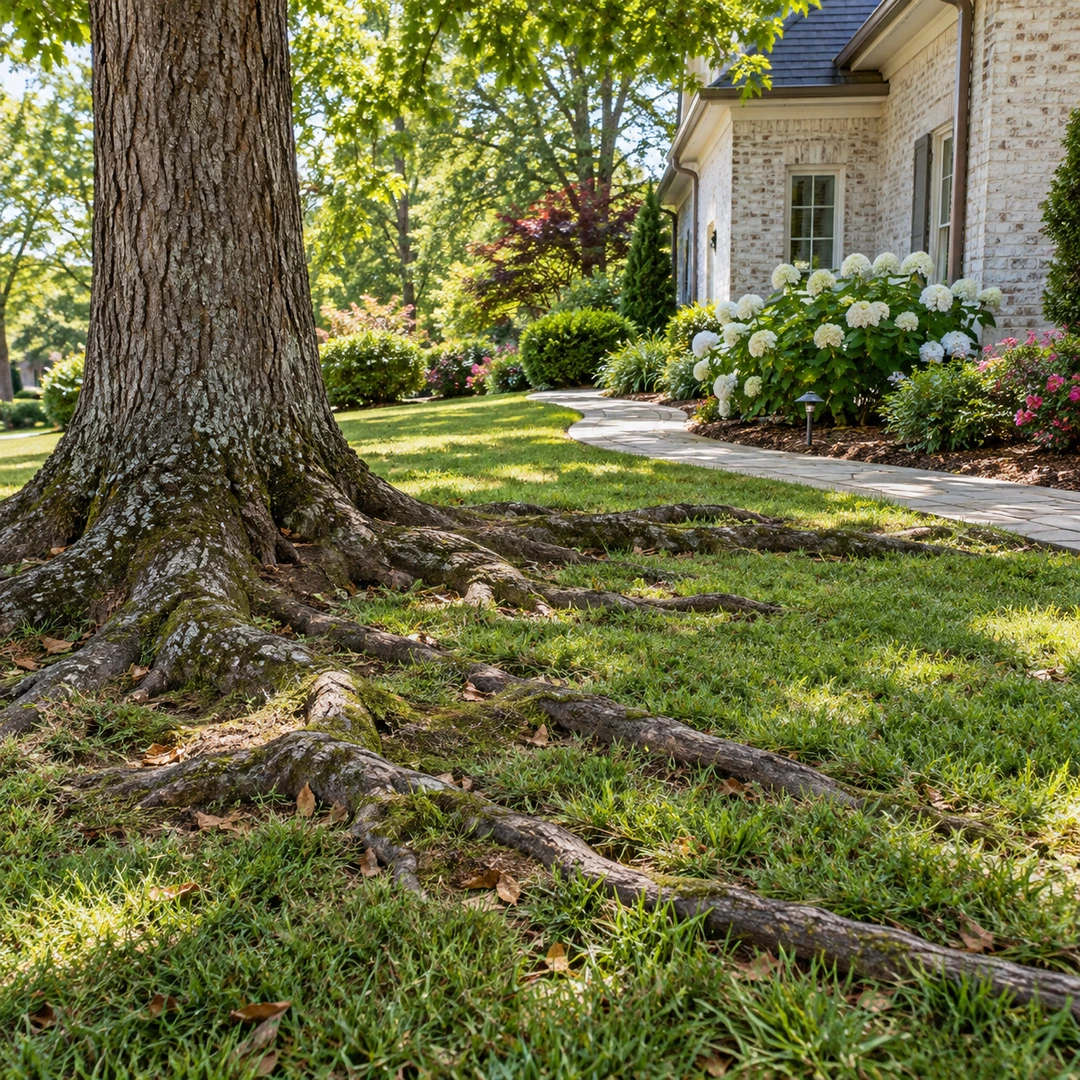 Healthy mature tree with visible roots crossing the surrounding grass