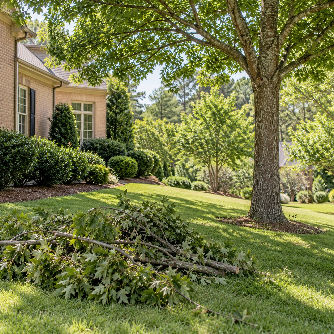 Freshly removed limbs gathered beneath a healthy residential shade tree