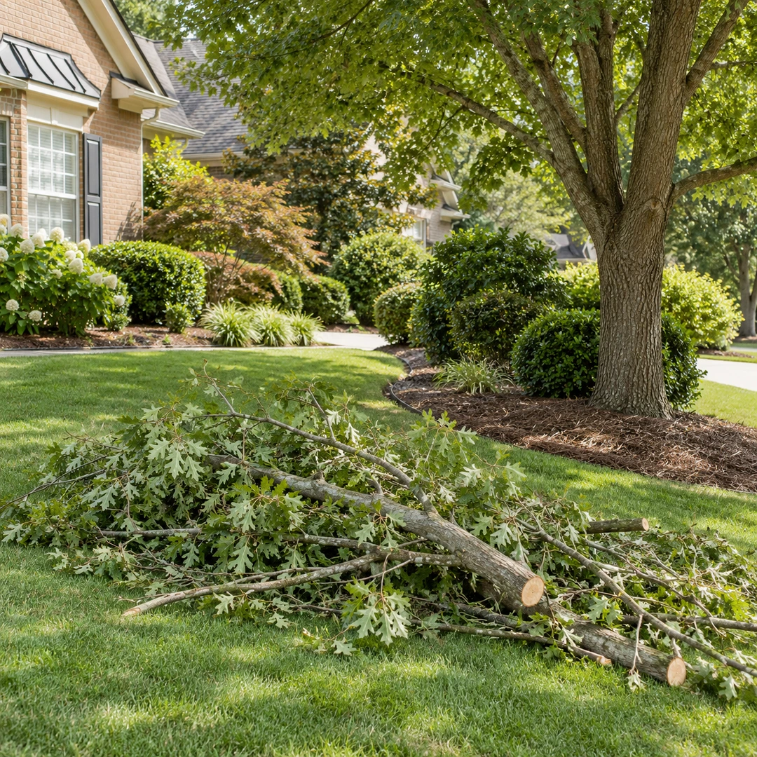 Freshly cut limbs gathered beneath a healthy mature tree in a front yard
