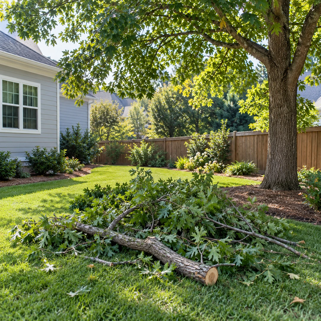 Removed tree limbs staged on open lawn beside a residential home