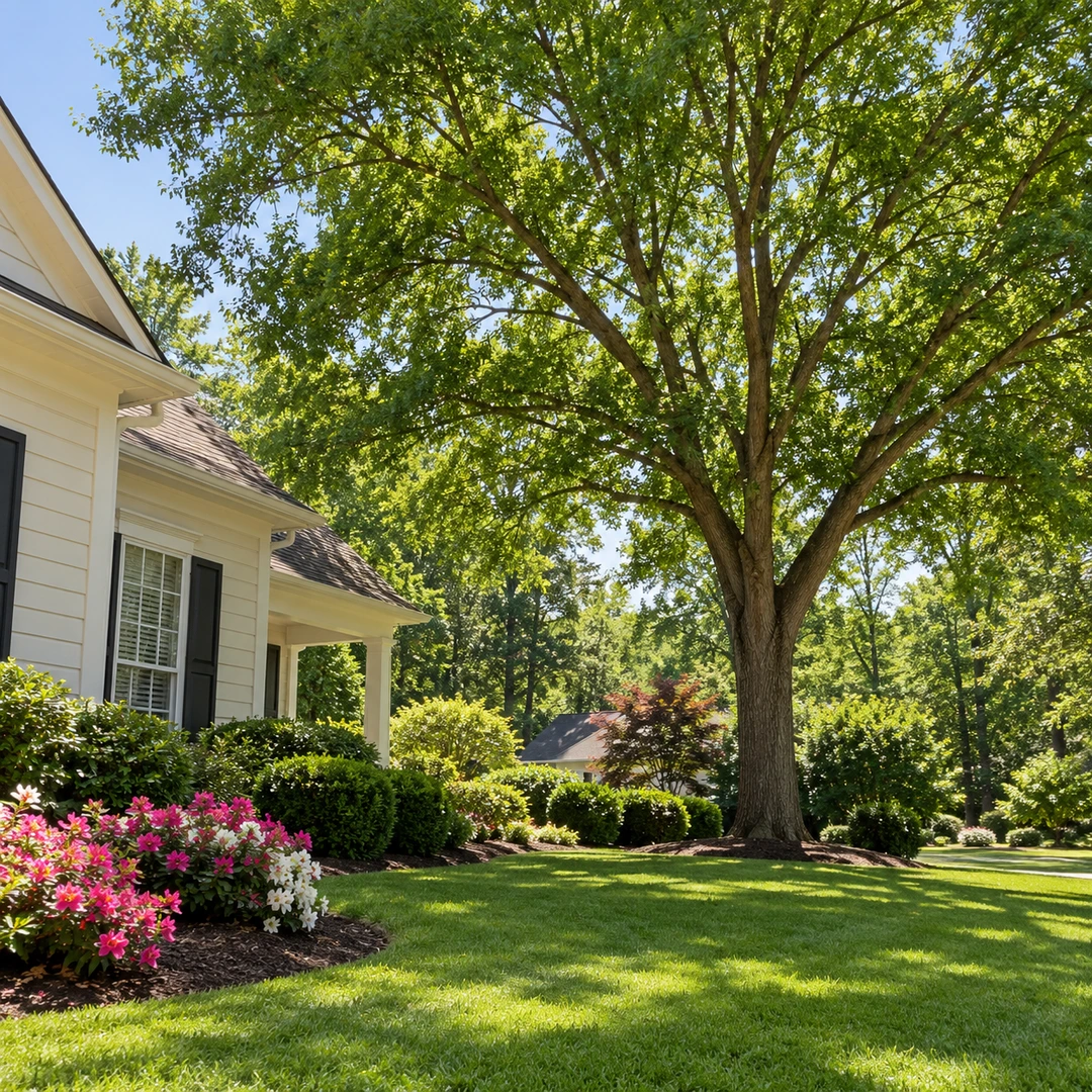 Balanced shade tree canopy above a landscaped residential yard