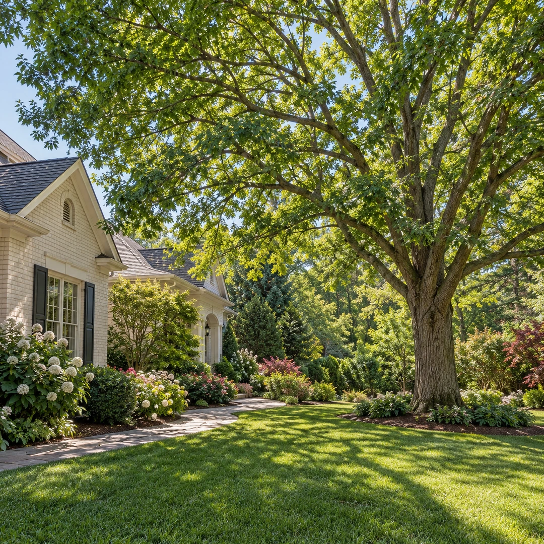 Healthy mature tree with a balanced open canopy beside a Suwanee home
