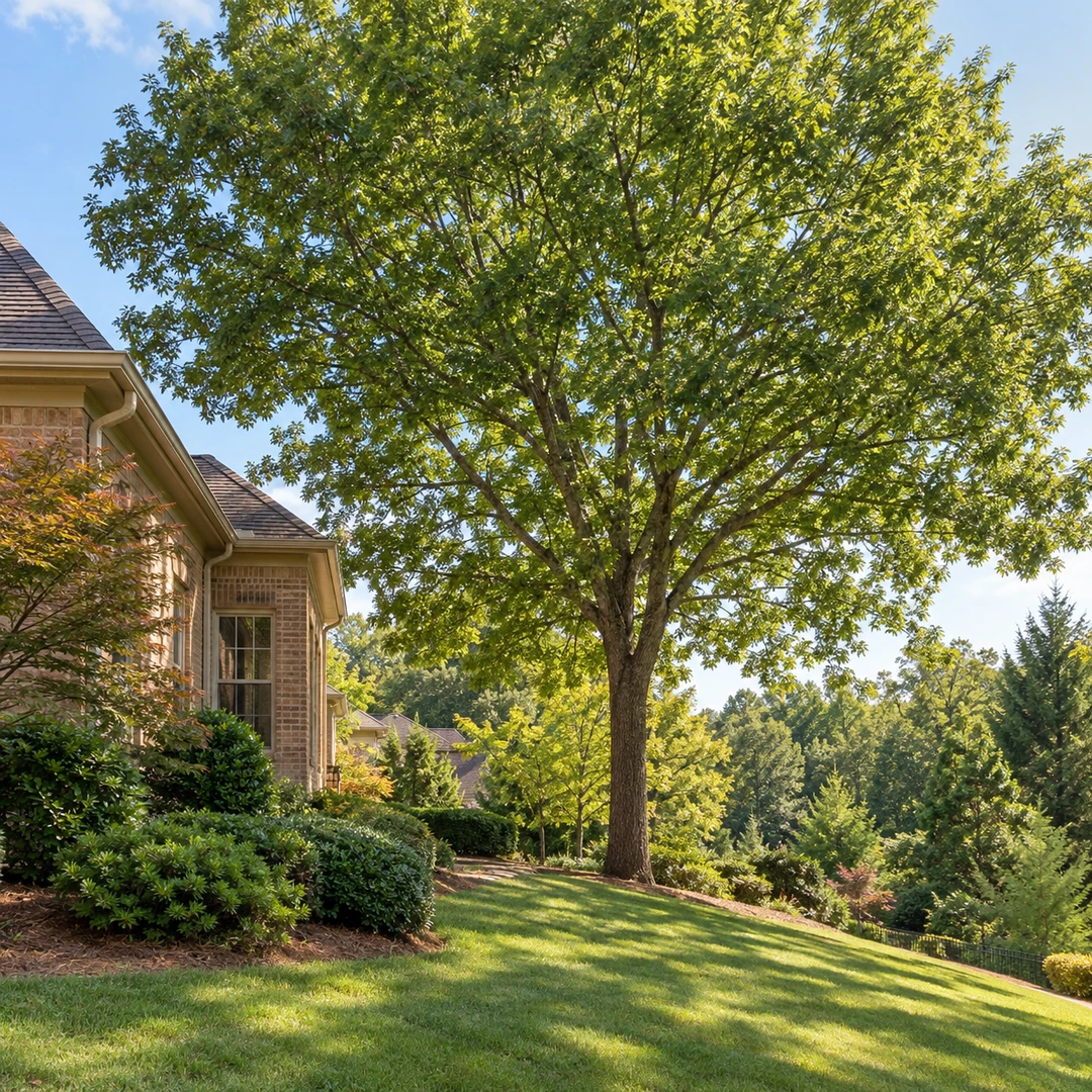 Full natural tree canopy allowing filtered light across a sloped lawn