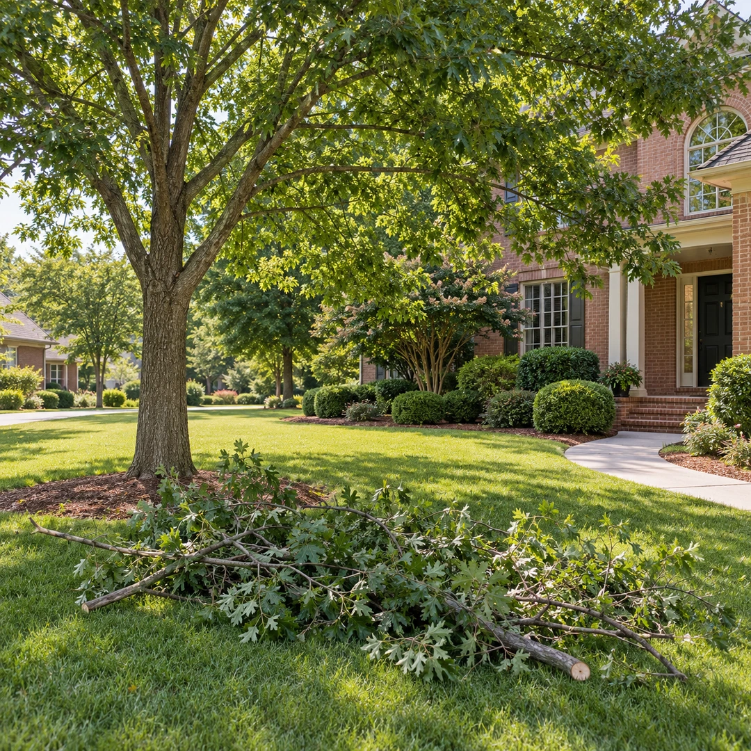 Trimmed branches grouped below a retained shade tree after limb removal