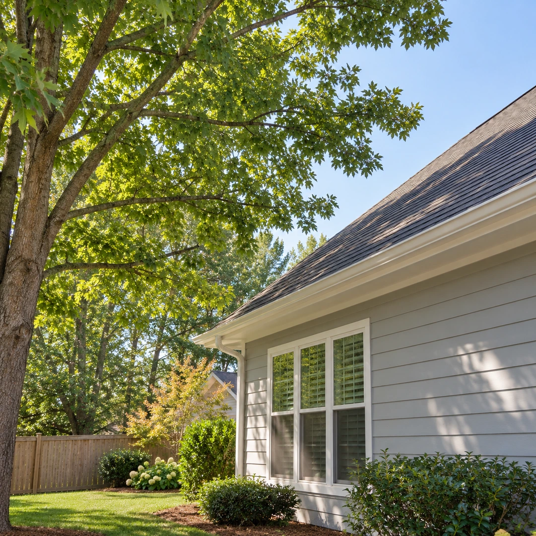 Healthy tree branches extending near a residential roof edge