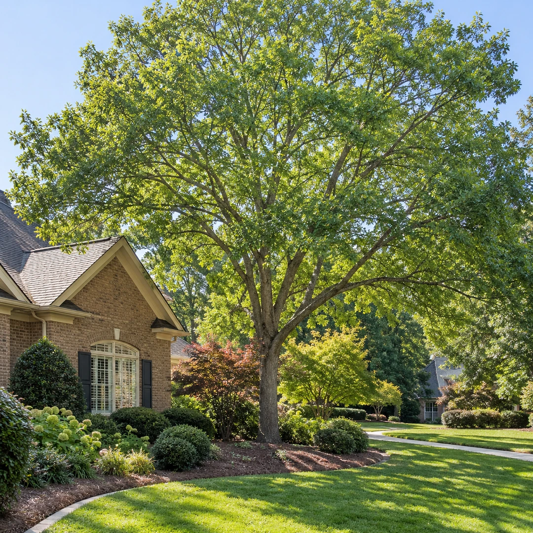 Mature tree with an evenly distributed canopy beside a front walkway