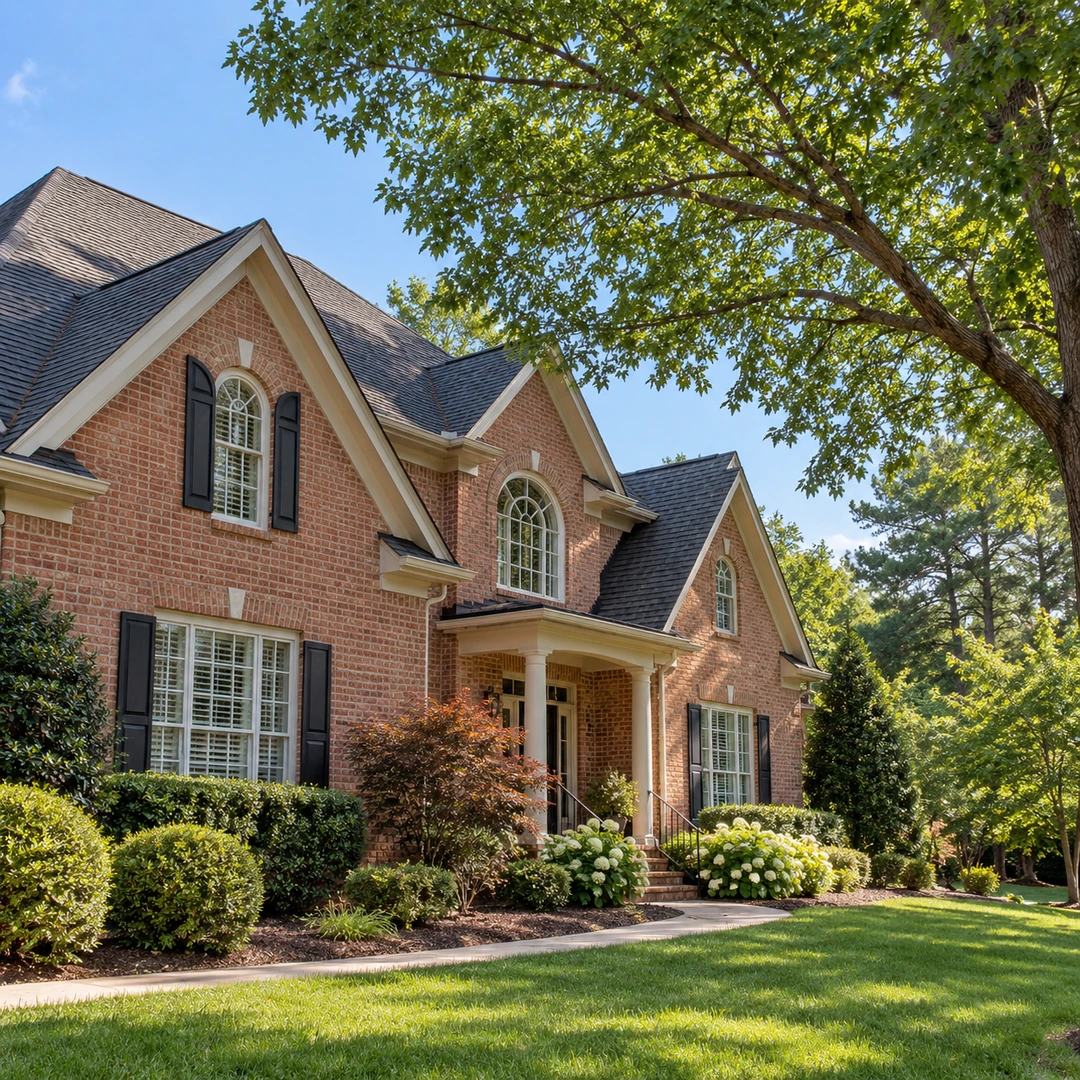 Mature tree canopy with practical clearance above a brick home roof