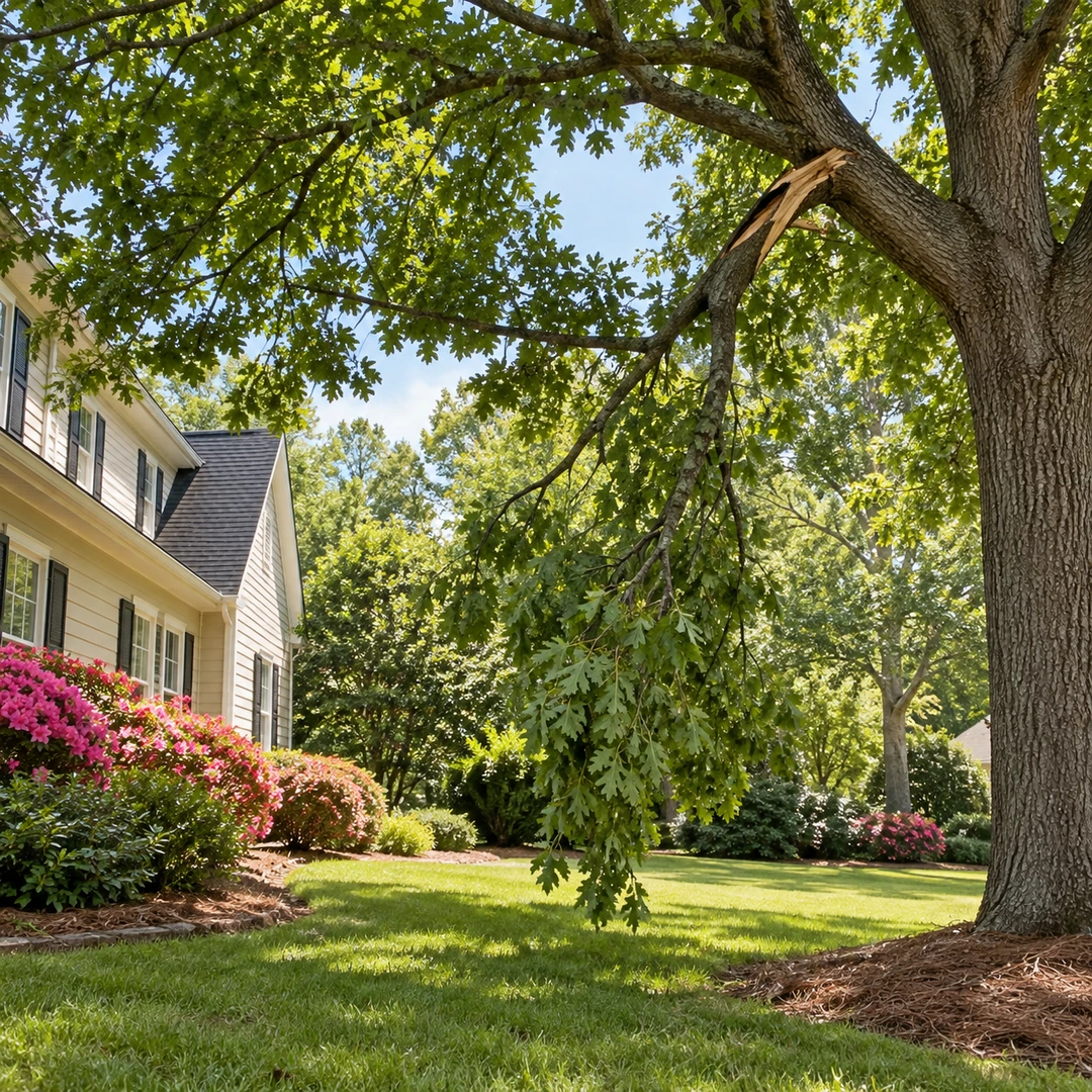 Broken hanging limb in a mature tree above a residential lawn