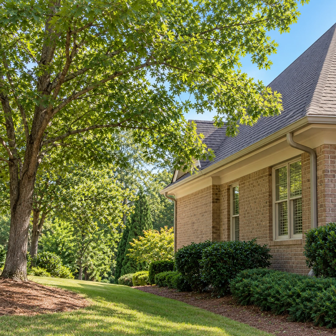 Large shade tree reviewed for branch clearance beside a residential roof
