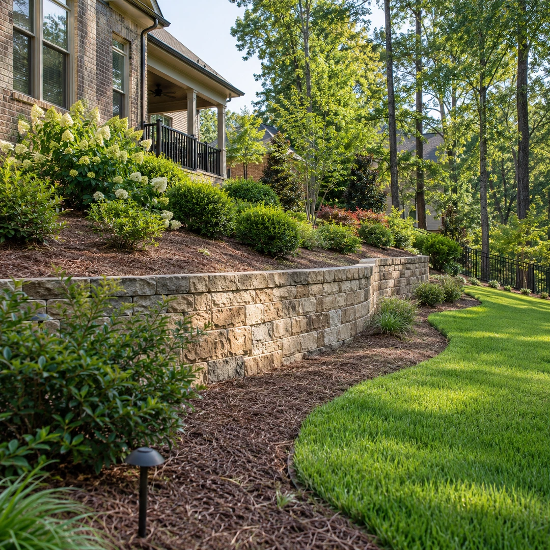Modest retaining wall supporting a landscaped residential hillside