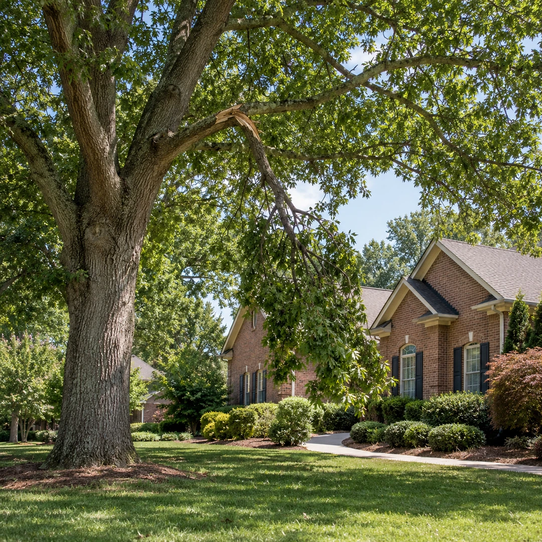 Split tree branch suspended above a landscaped front lawn