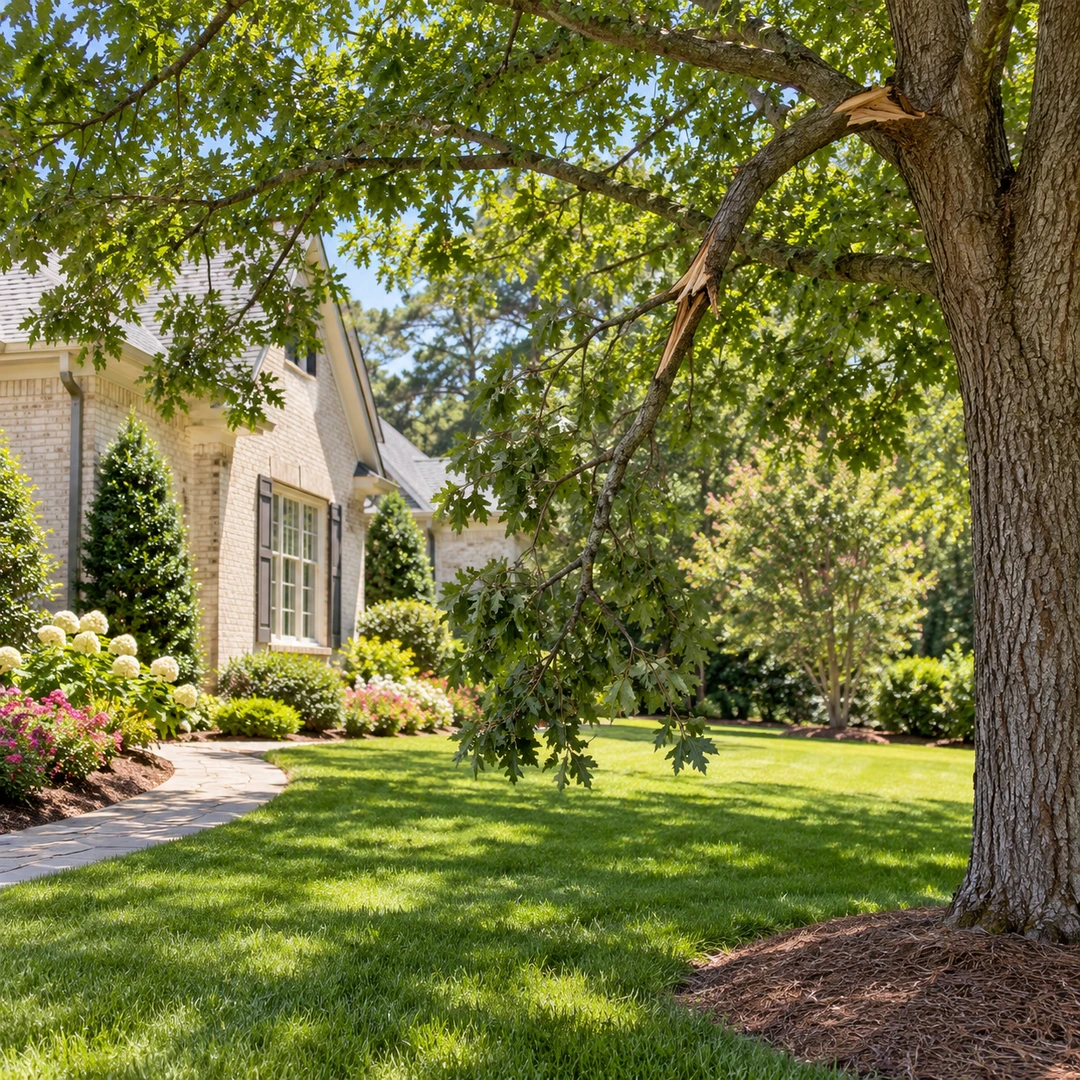 Freshly broken branch hanging over the open yard of a Suwanee home