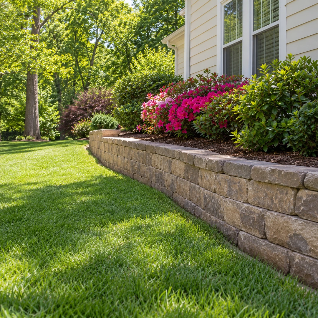 Level stone retaining wall creating usable lawn below a planted slope