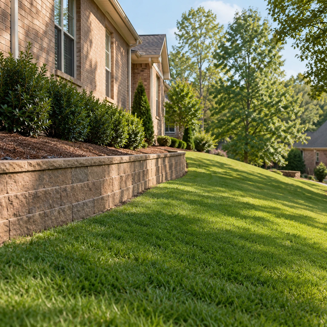 Low block retaining wall supporting a sloped side yard between homes
