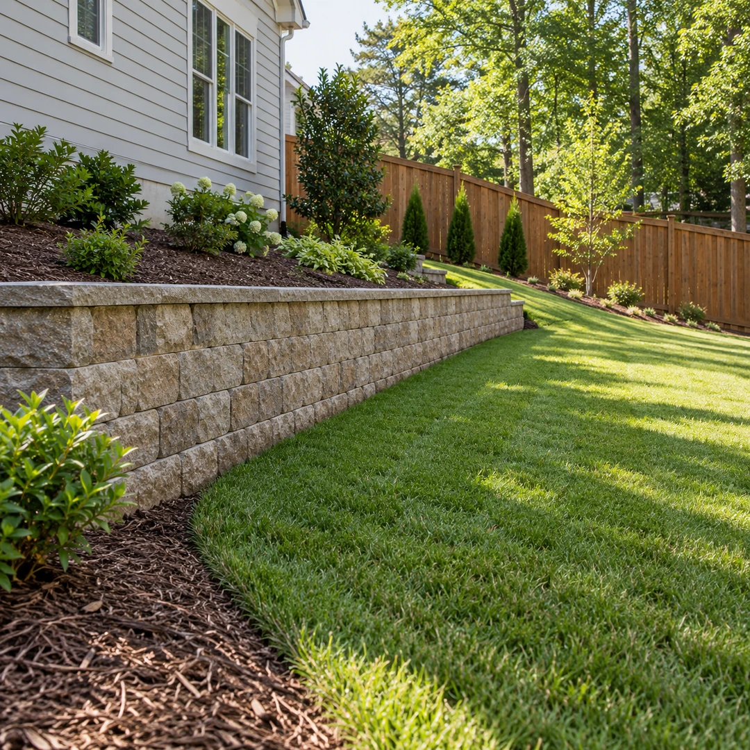 Low retaining wall separating a planted grade from level side yard grass