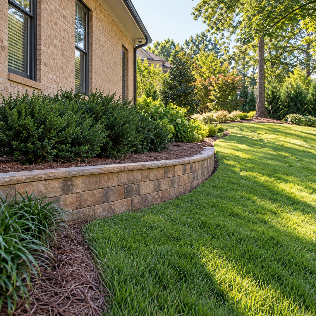 Curved retaining wall supporting a landscaped bed beside a front lawn
