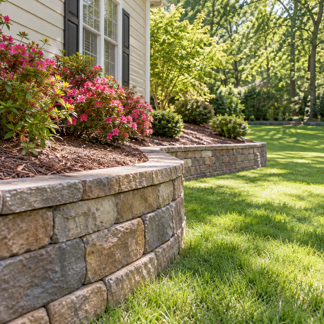 Short stone wall containing a planted slope above healthy grass
