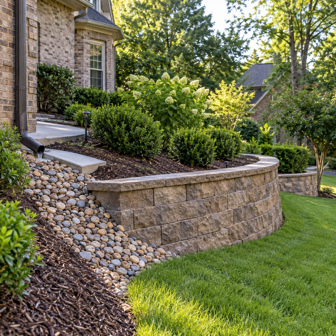 Gravel drainage outlet carrying downspout water around a retaining wall