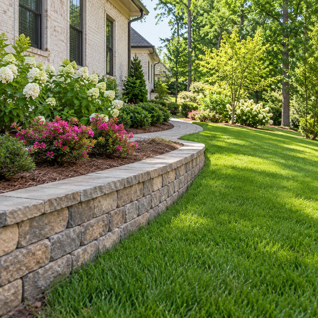 Low block wall and established planting helping protect a residential slope