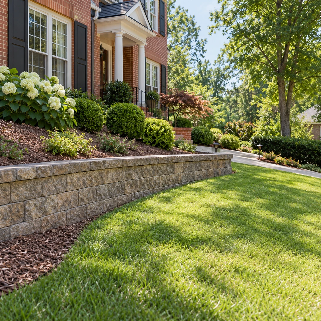 Stone retaining wall supporting a mulched planting bed along a sloped yard