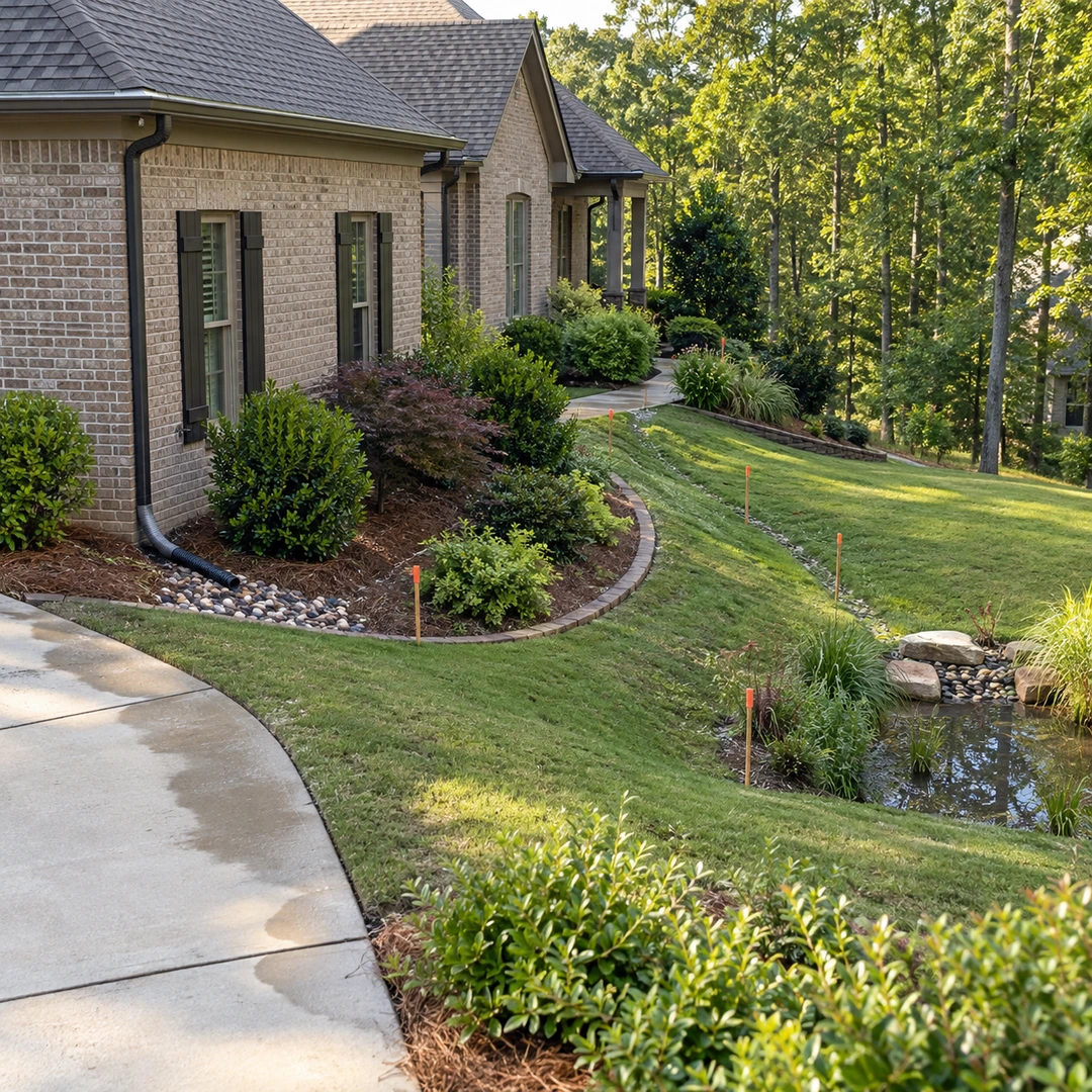 Survey stakes tracing runoff down a landscaped residential lawn