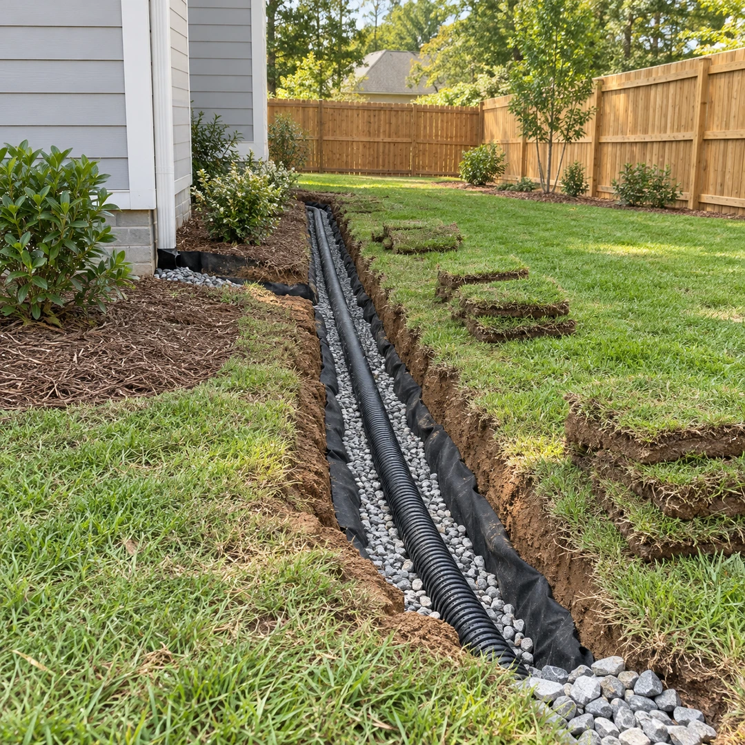 Single perforated drain pipe in a gravel lined trench beside a fenced backyard