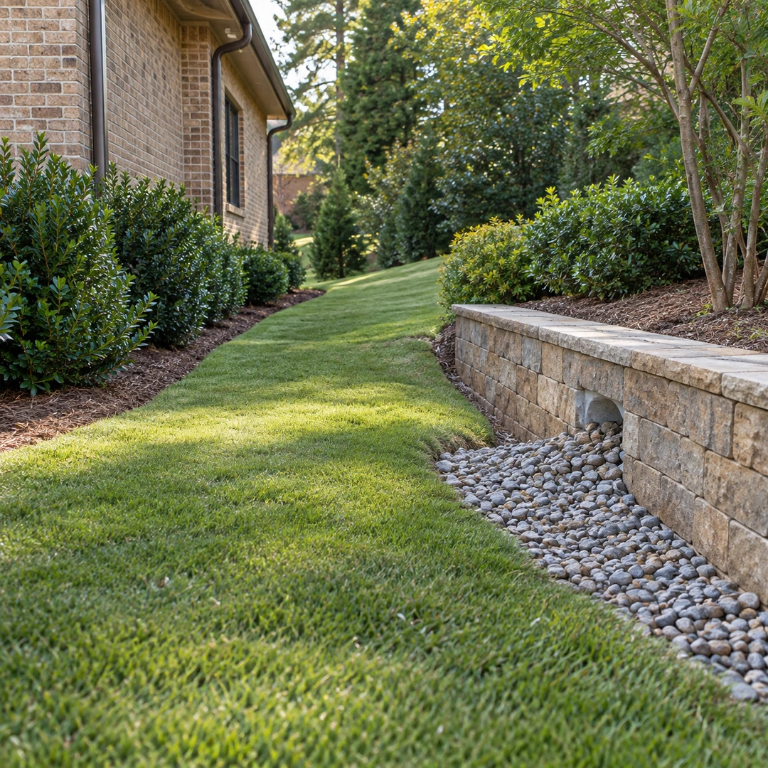 Wall drainage outlet opening onto clean gravel along a sloped side yard
