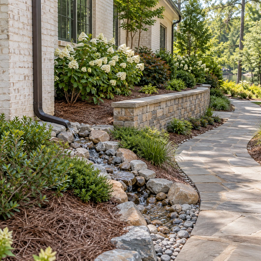 Downspout feeding a stone lined surface drainage channel beside a garden wall