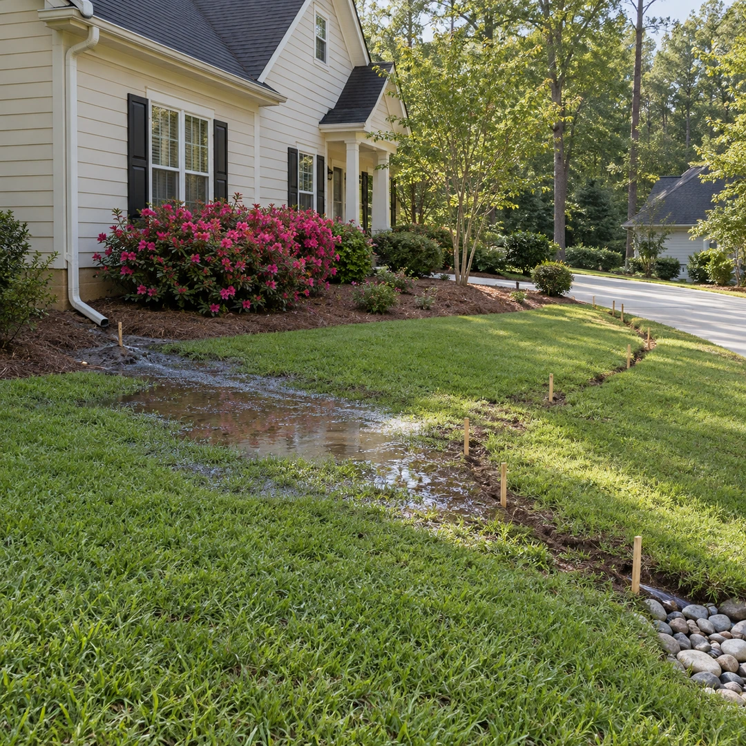 Marked drainage route across a wet lawn from a downspout to a lower outlet