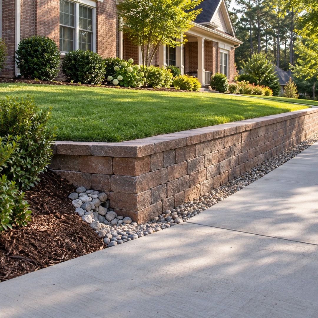 Level retaining wall with a clean gravel drainage edge beside a front walkway