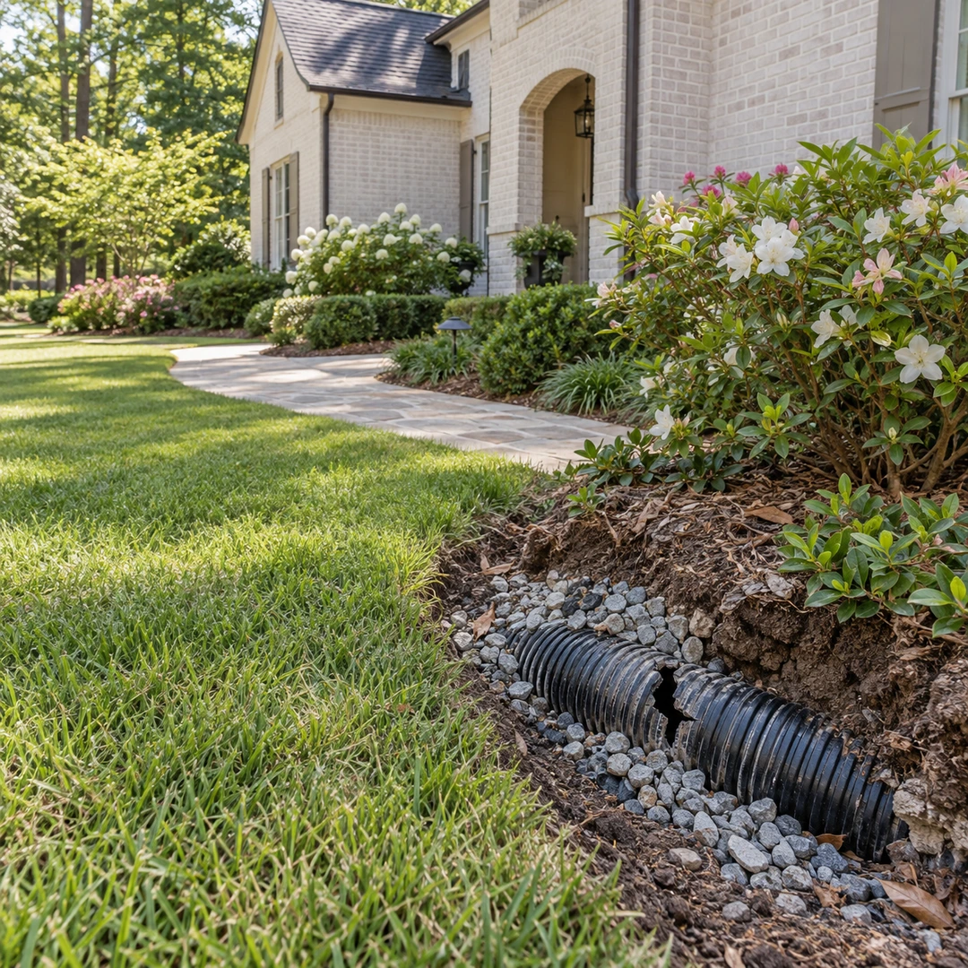Damaged corrugated drain pipe exposed near a landscaped garden path
