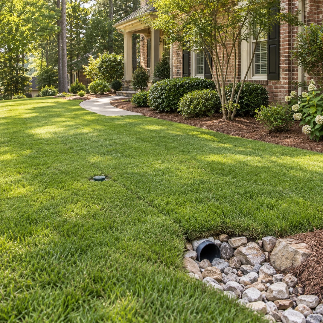 Restored lawn with an accessible cleanout and stone protected drain outlet