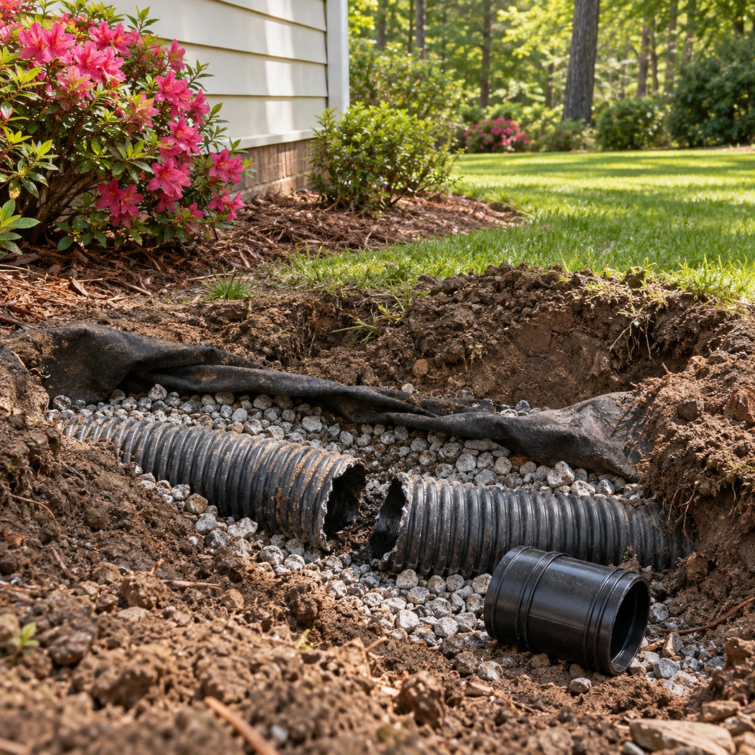 Broken drain pipe section with a replacement coupling in a targeted excavation