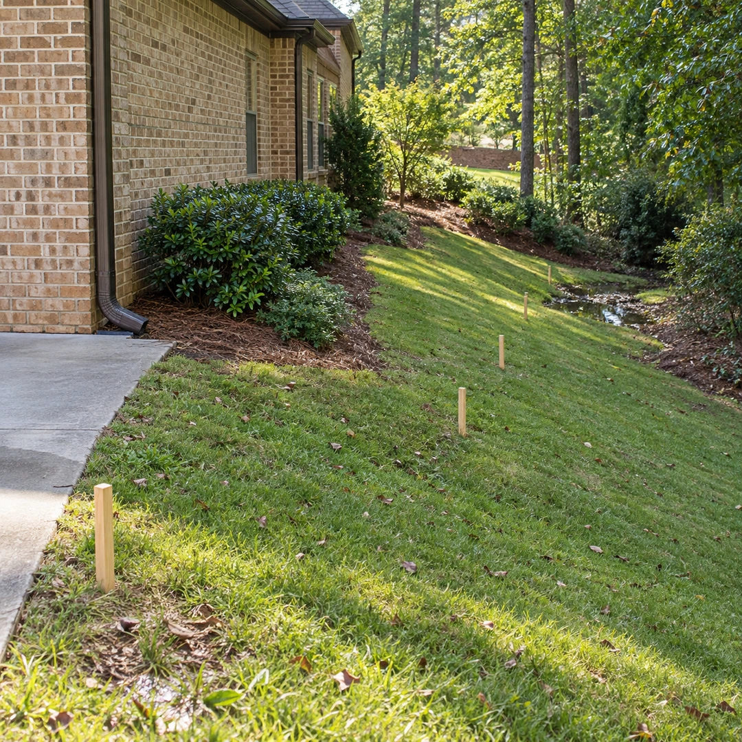 Wooden stakes tracing an existing drainage route across a sloped side yard