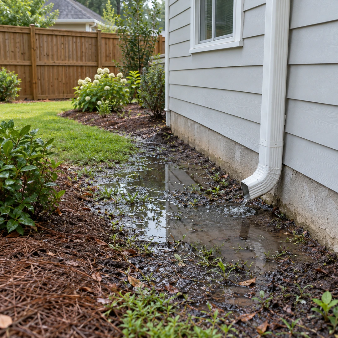 Downspout discharging into a wet low area beside an exterior foundation