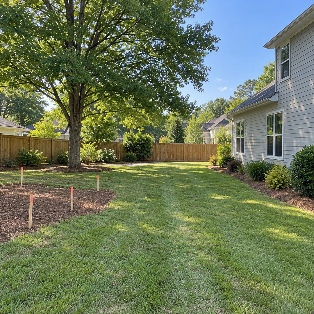 Backyard tree removal work area marked for access and lawn protection