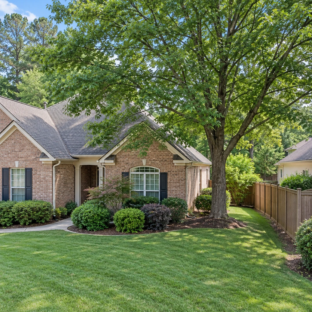 Mature residential tree standing close to a Doraville brick home and side fence