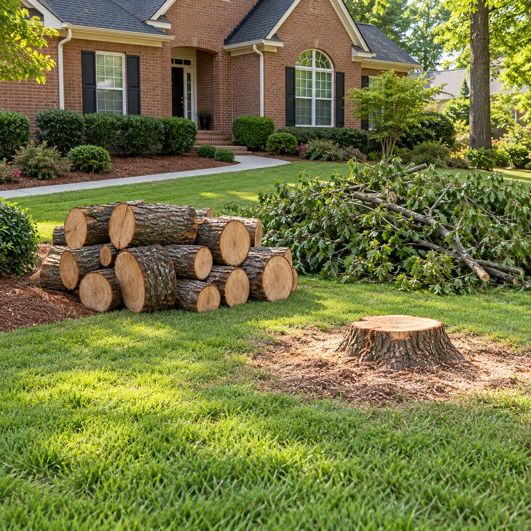 Cut trunk sections and branch debris staged beside a freshly removed tree