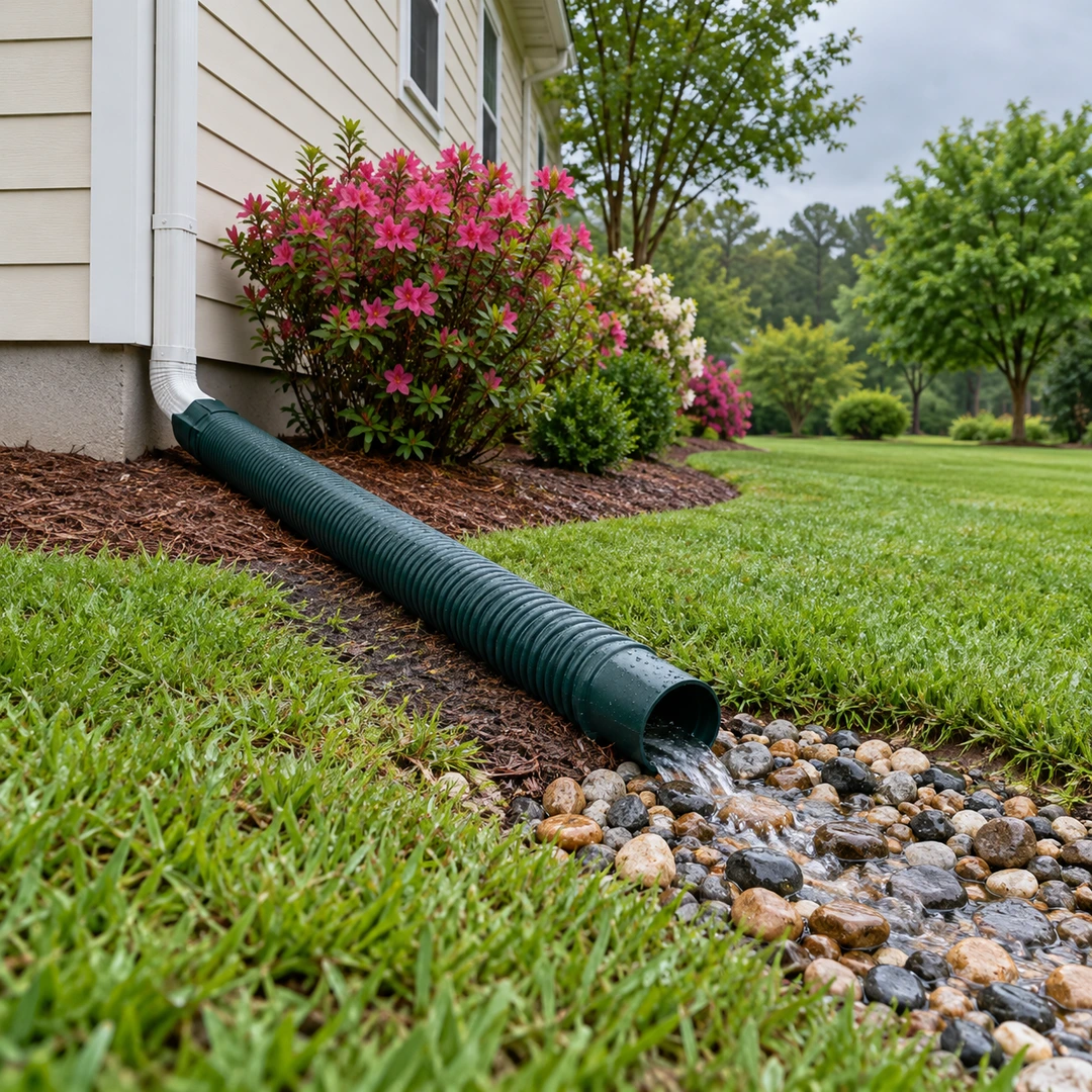 Downspout extension discharging onto a gravel protected foundation drainage outlet