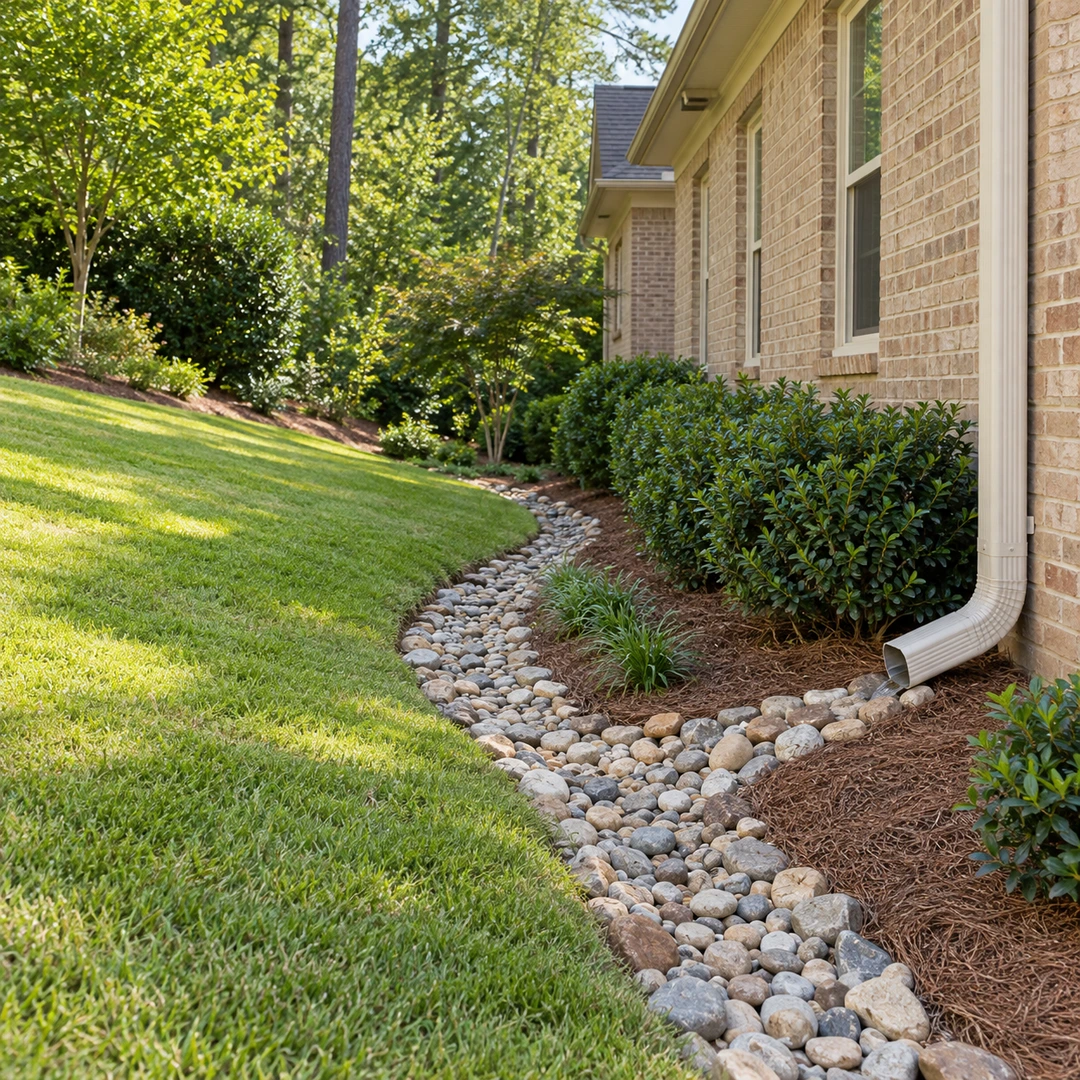 Stone lined drainage swale carrying water away from a Suwanee foundation