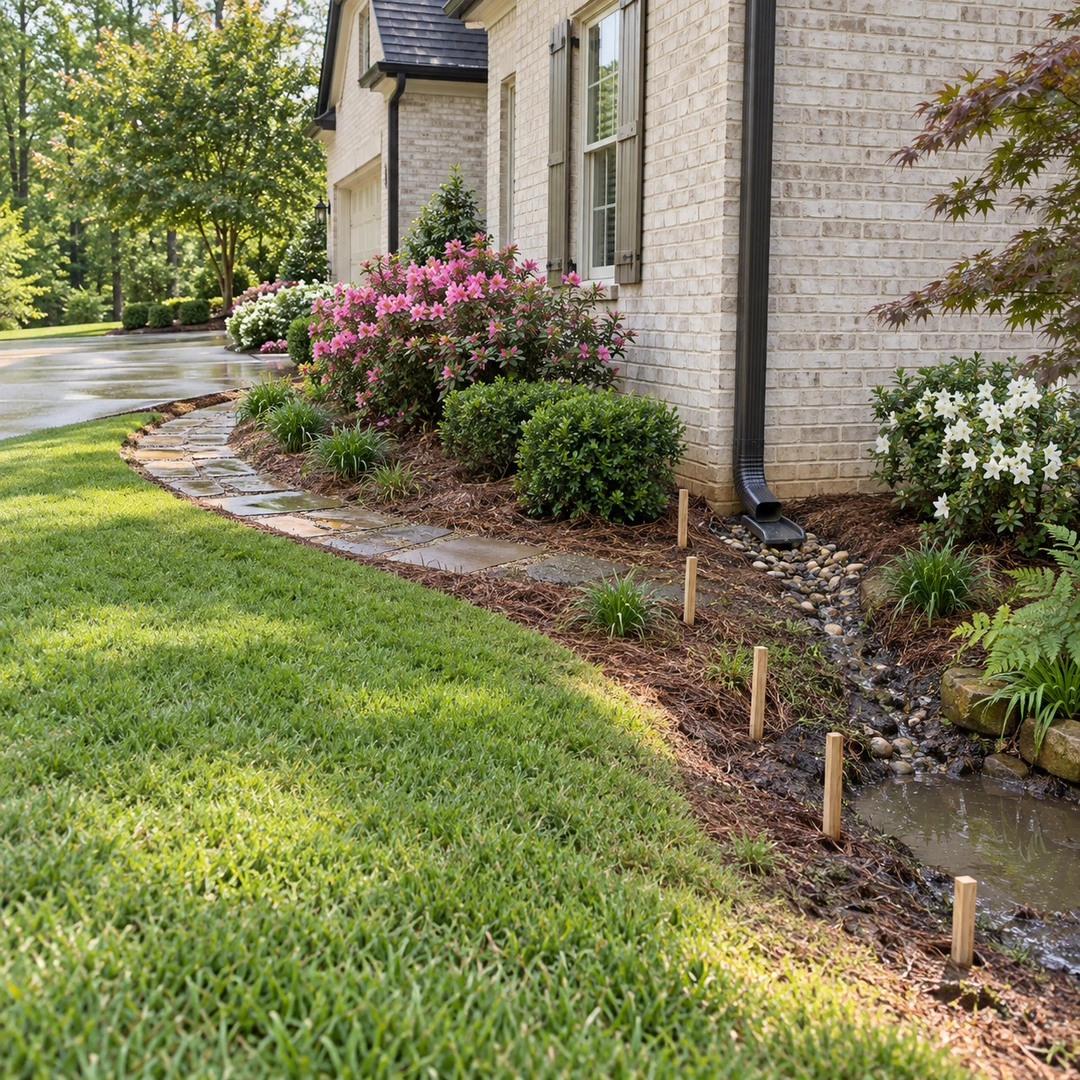 Marked foundation drainage route beside a pale brick Suwanee home